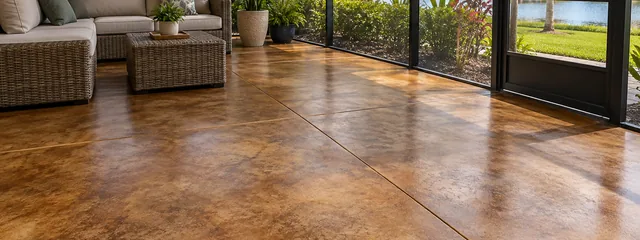 Earth-toned acid-stained concrete floor in a screened lanai