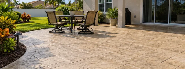 Tan stamped concrete patio with an ashlar stone pattern