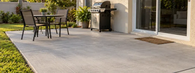 Broom-finished backyard concrete patio with outdoor seating