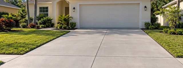 Light-gray concrete driveway with broom texture and control joints