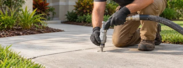 Technician injecting lifting foam through a port in a concrete walkway