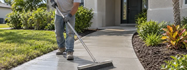 Contractor broom-finishing a cementitious overlay on a concrete walkway