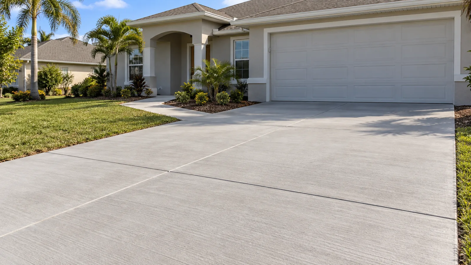 Broom-finished concrete driveway and entrance walk beside a Florida stucco home