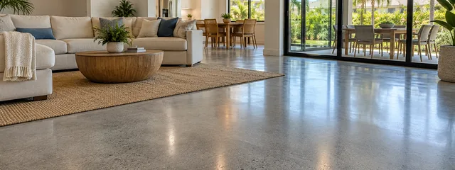 Satin-polished gray concrete floor in a bright living area